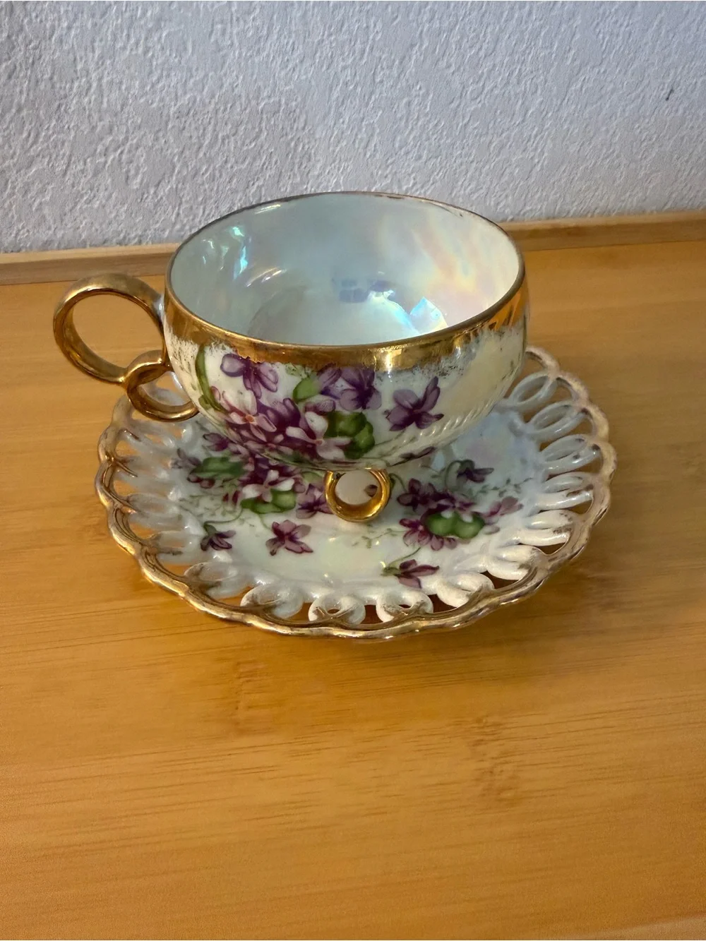 Vintage Japanese Royal Sealy Footed Floral/Violet Teacup & Saucer with Gold Trim